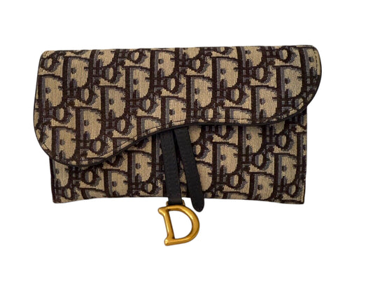 Christian Dior Blue Oblique Jacquard Saddle Pouch with Chain WOC Wallet on Chain