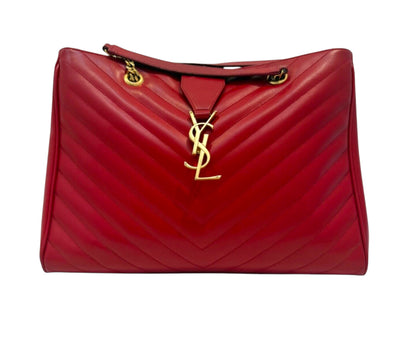 YVES SAINT LAURENT Red Quilted Grained Leather Monogram Chain Cassandra Tote Bag