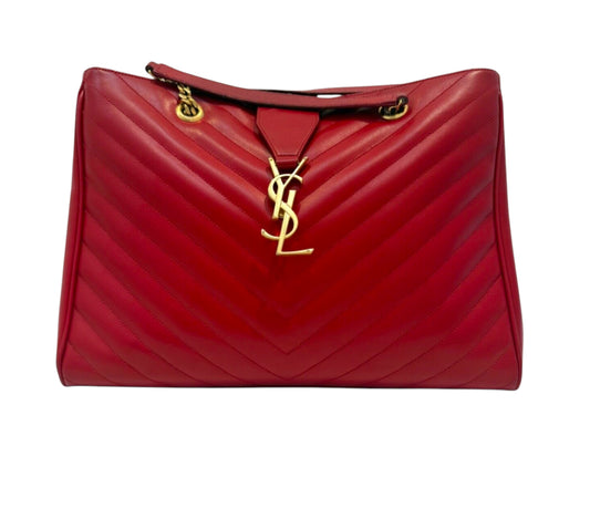 YVES SAINT LAURENT Red Quilted Grained Leather Monogram Chain Cassandra Tote Bag