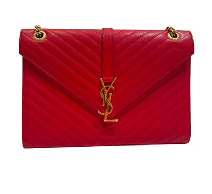 SAINT LAURENT YSL Red Grain De Poudre Matelasse Chevron Large Monogram Bag