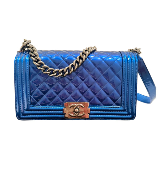 CHANEL Metallic Royal Blue Quilted Medium Boy Flap Bag