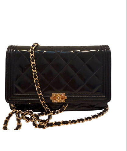 Chanel Le Boy Black Pearlescent Quilted Leather w Gold WOC Wallet on Chain Bag