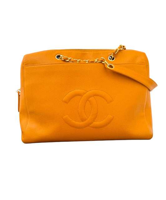 Authentic Chanel Orange Timeless Vintage Caviar Dome Zip Tote Shoulder Bag