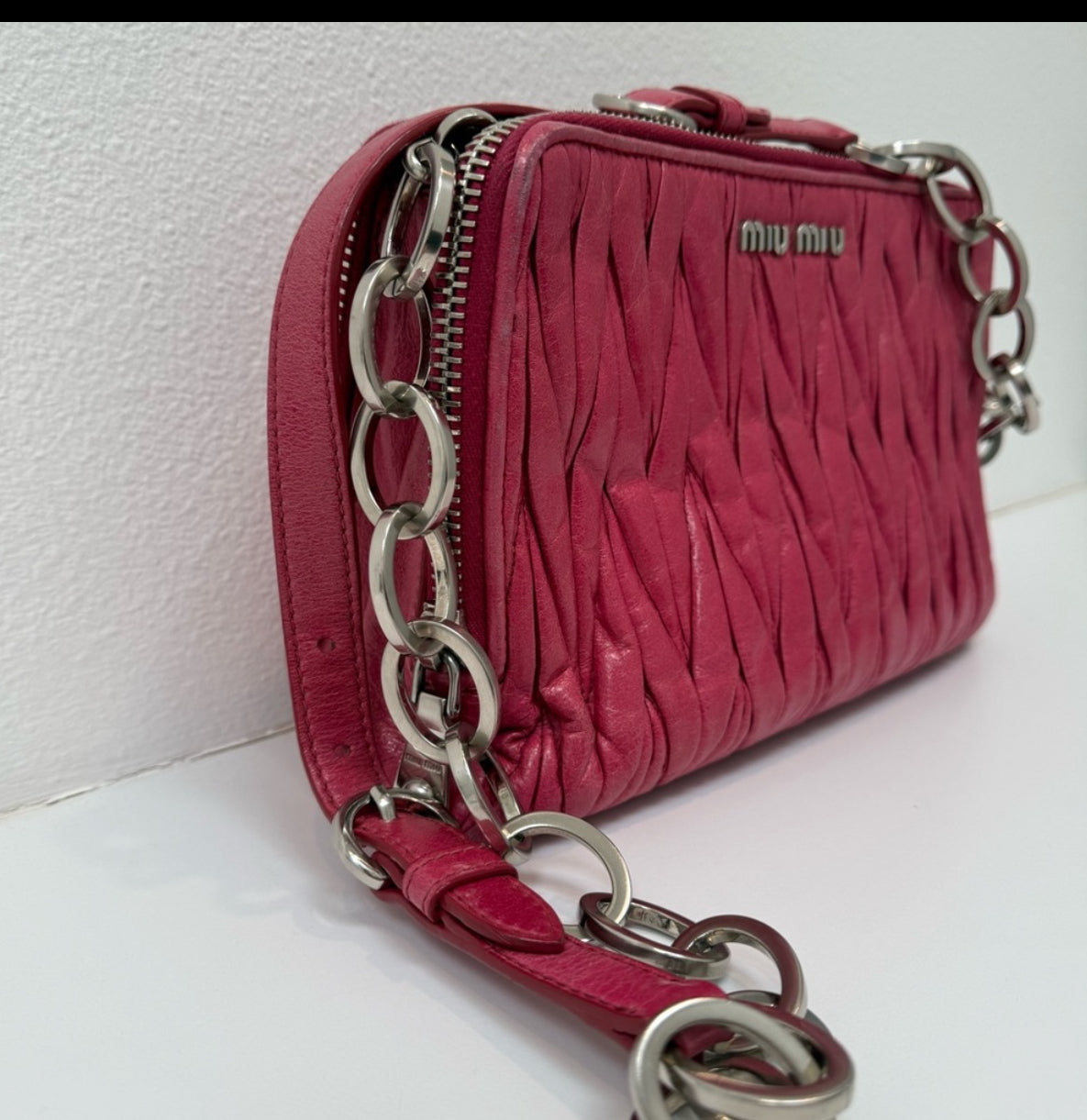 MIU MIU Peonia Fucsia Vitello Lux Matelasse Double Zip Shoulder Bag Handbag