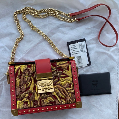 MCM Mitte Mini Brocade Crossbody Clutch Bag Red