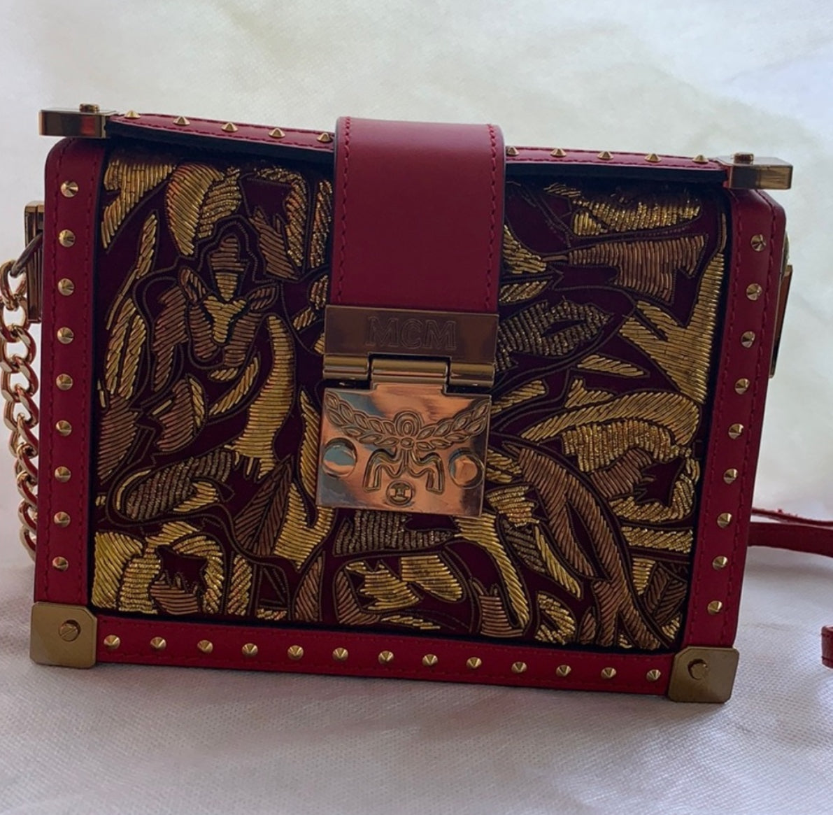 MCM Mitte Mini Brocade Crossbody Clutch Bag Red