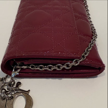 Authentic Christian Lady Dior Fuchsia Patent Leather Cannage Rendezvous Wallet Chain WOC