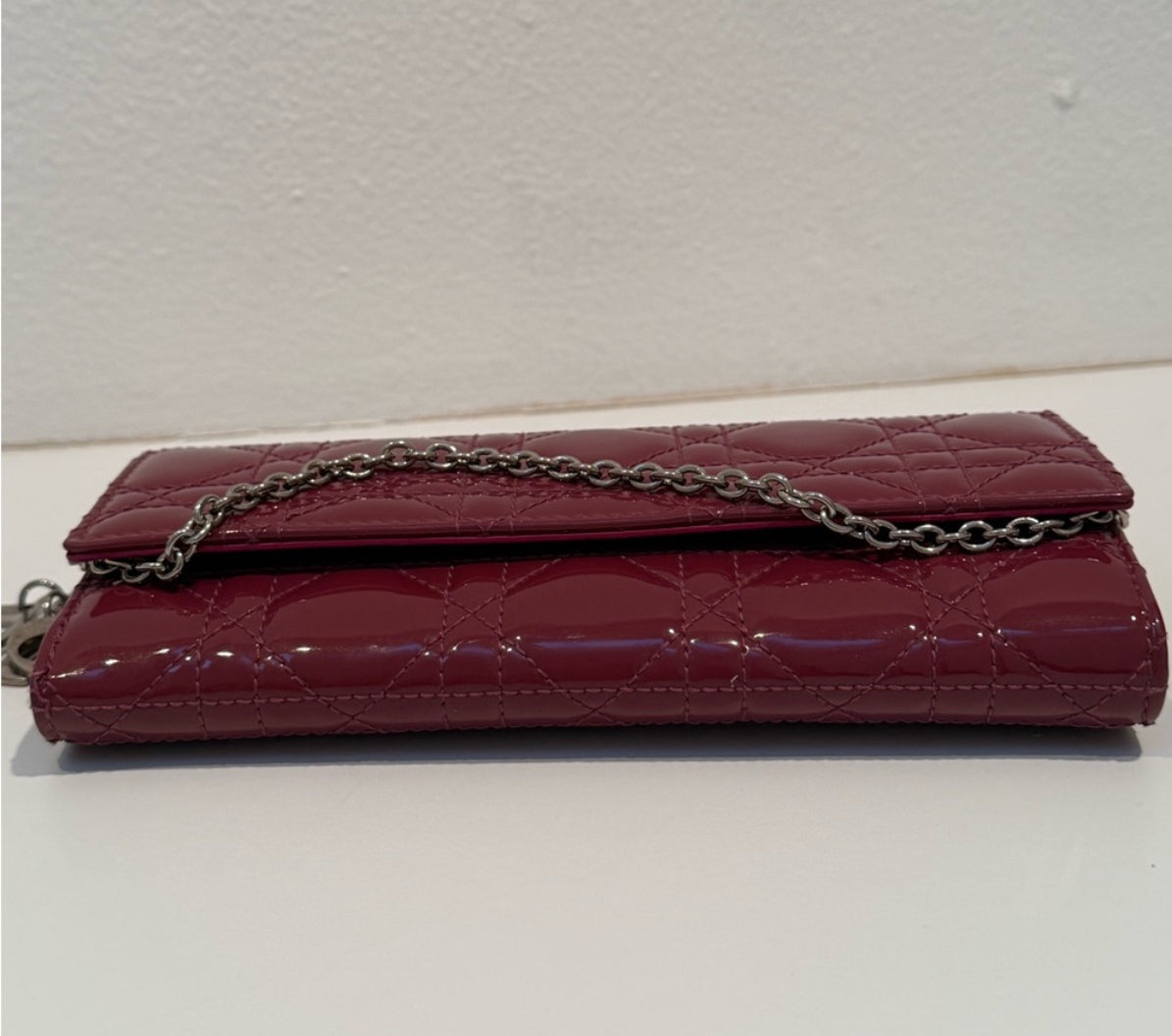 Authentic Christian Lady Dior Fuchsia Patent Leather Cannage Rendezvous Wallet Chain WOC