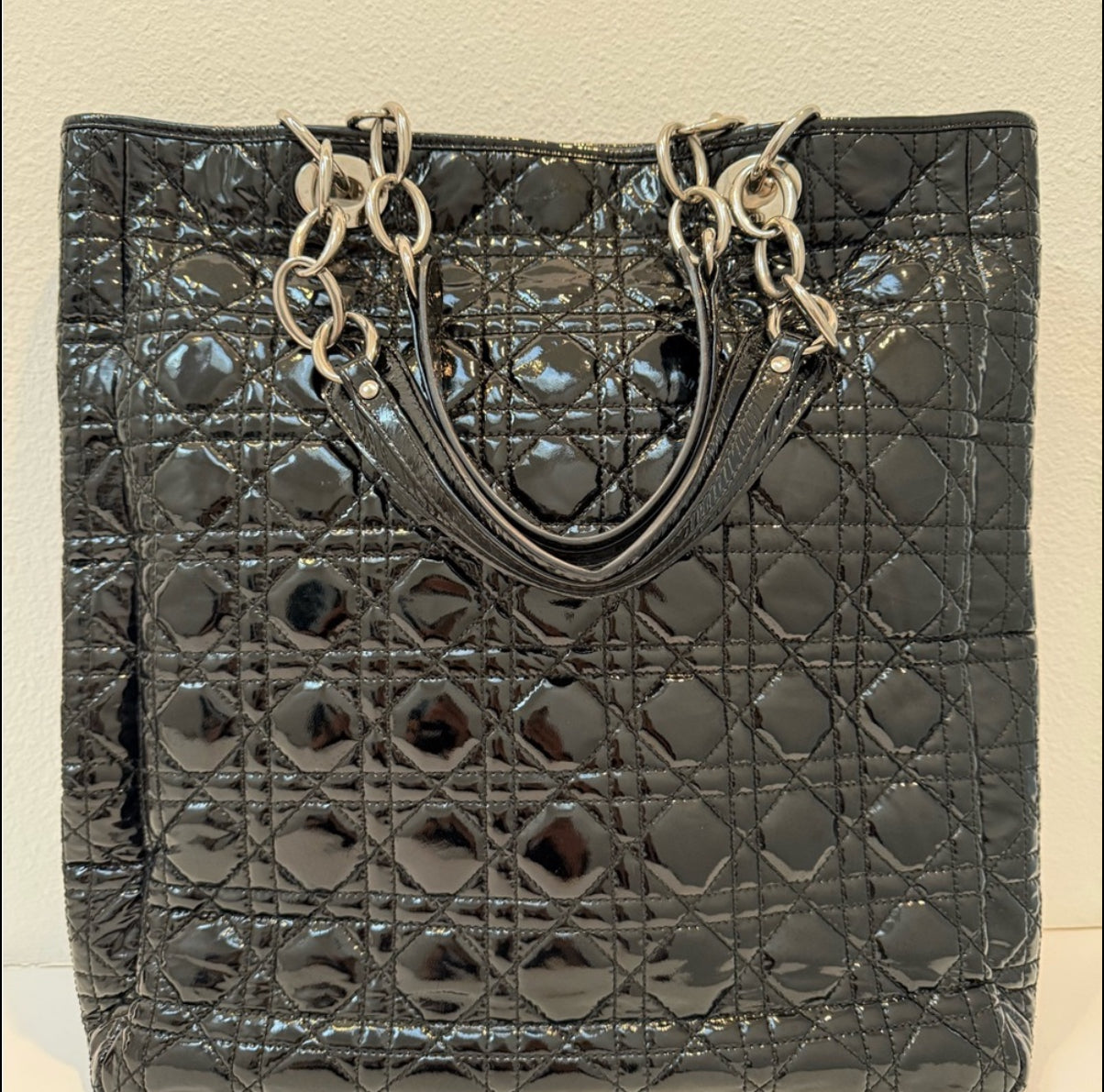 Authentic Christian Dior Patent Lady Dior Soft Black Cannage Shopping Tote Bag