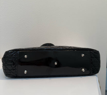 Authentic Christian Dior Patent Lady Dior Soft Black Cannage Shopping Tote Bag