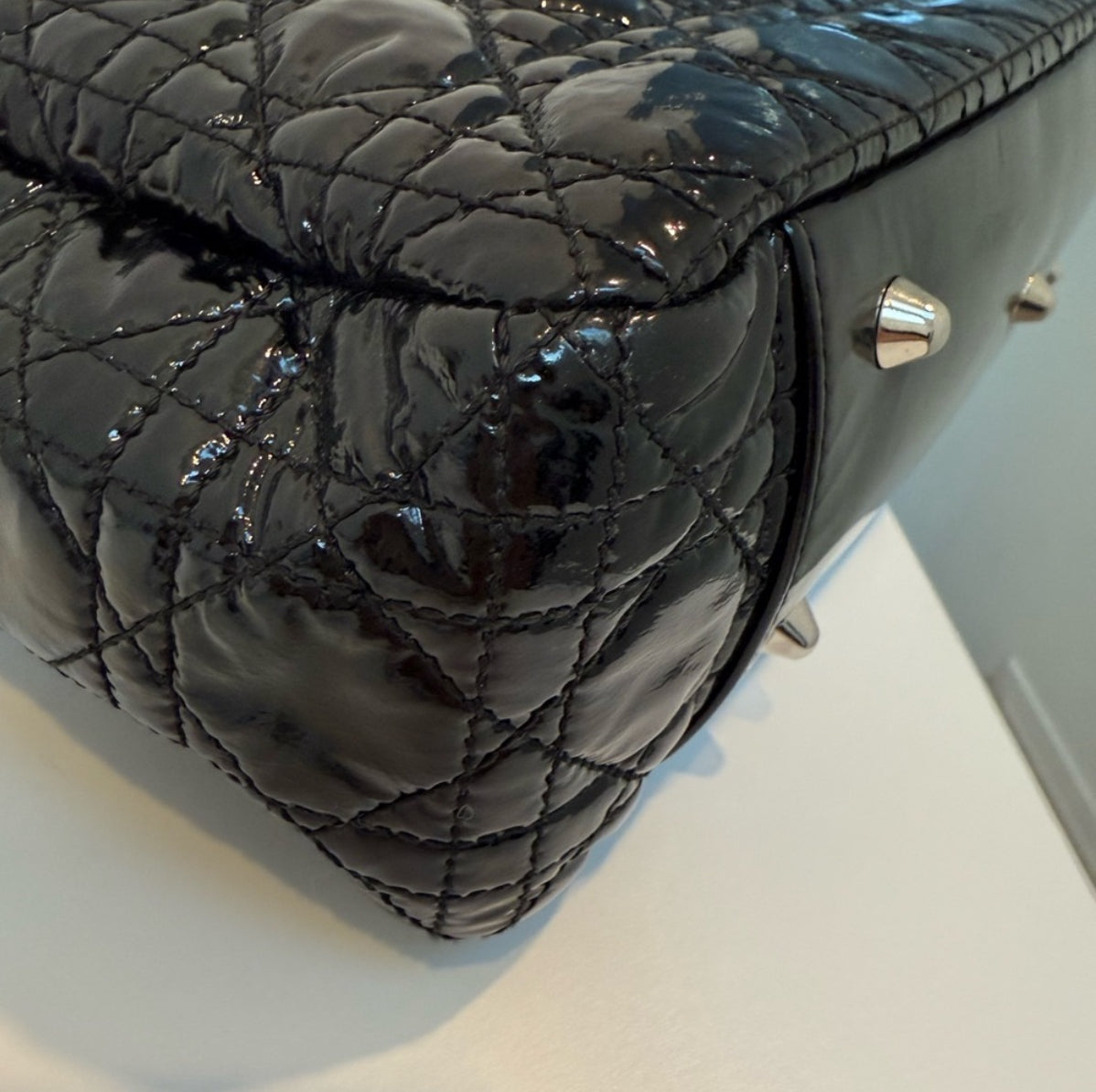 Authentic Christian Dior Patent Lady Dior Soft Black Cannage Shopping Tote Bag