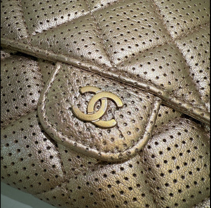 Authentic Chanel CC Quilted Champagne Bifold Perforated Leather Long Flap Wallet