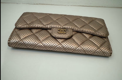 Authentic Chanel CC Quilted Champagne Bifold Perforated Leather Long Flap Wallet