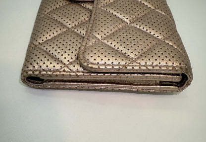 Authentic Chanel CC Quilted Champagne Bifold Perforated Leather Long Flap Wallet