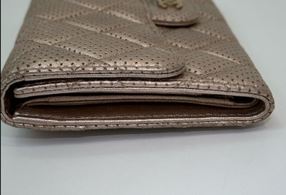 Authentic Chanel CC Quilted Champagne Bifold Perforated Leather Long Flap Wallet