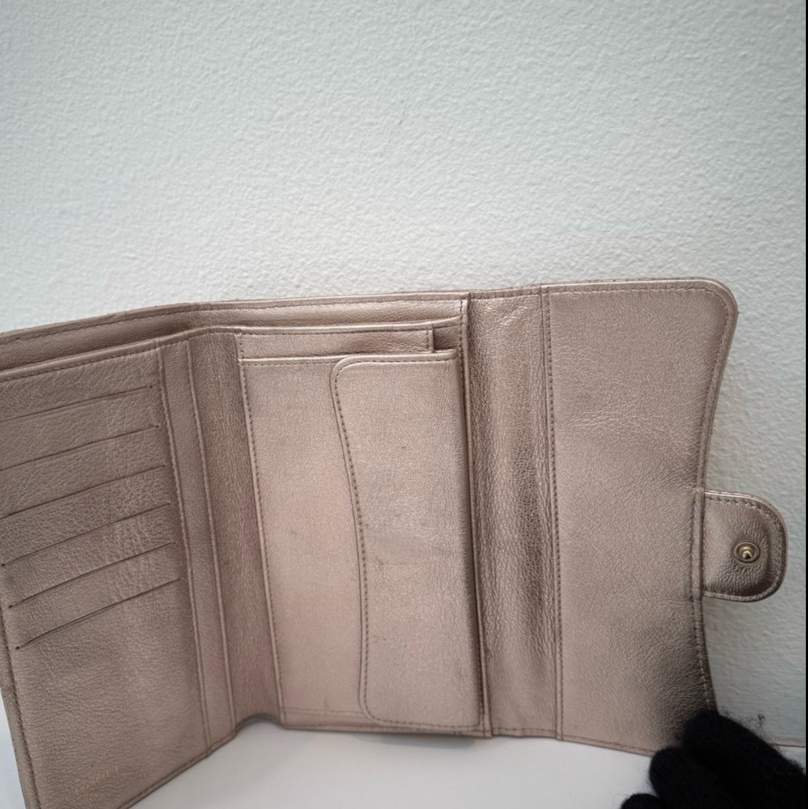 Authentic Chanel CC Quilted Champagne Bifold Perforated Leather Long Flap Wallet