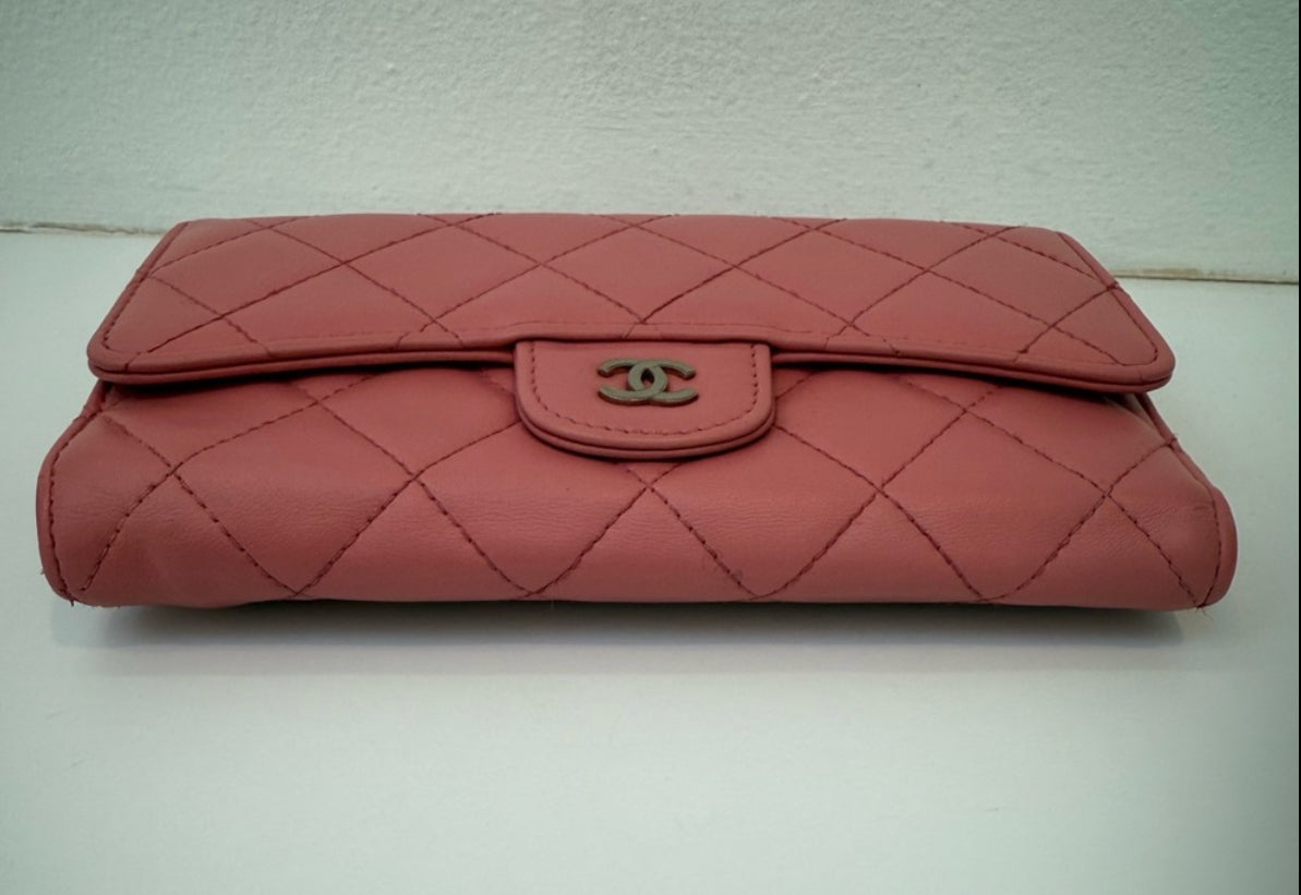Authentic Chanel CC Quilted Pink BIFOLD Leather Long Flap Wallet