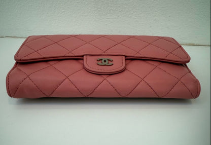 Authentic Chanel CC Quilted Pink BIFOLD Leather Long Flap Wallet