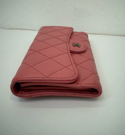Authentic Chanel CC Quilted Pink BIFOLD Leather Long Flap Wallet