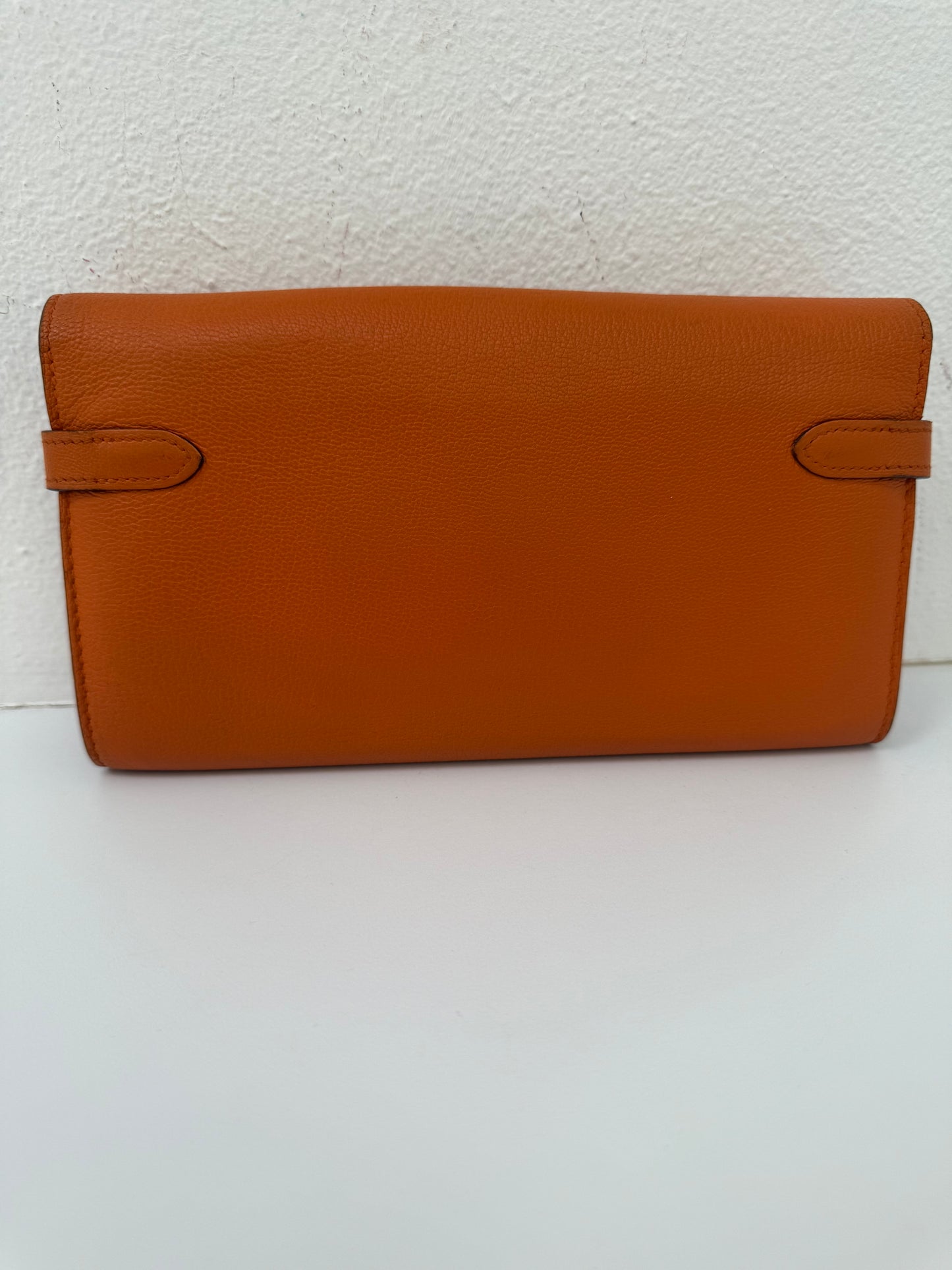 Authentic Hermes Orange Kelly Longue Wallet with Palladium HW