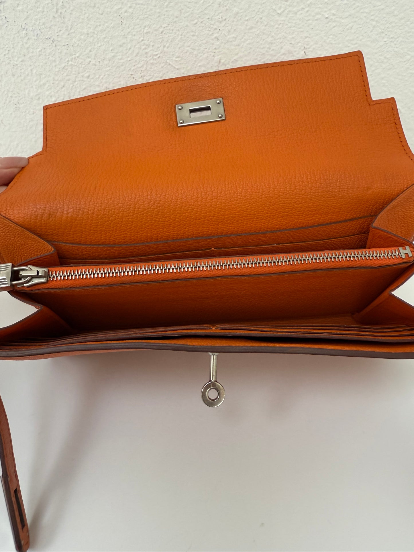 Authentic Hermes Orange Kelly Longue Wallet with Palladium HW