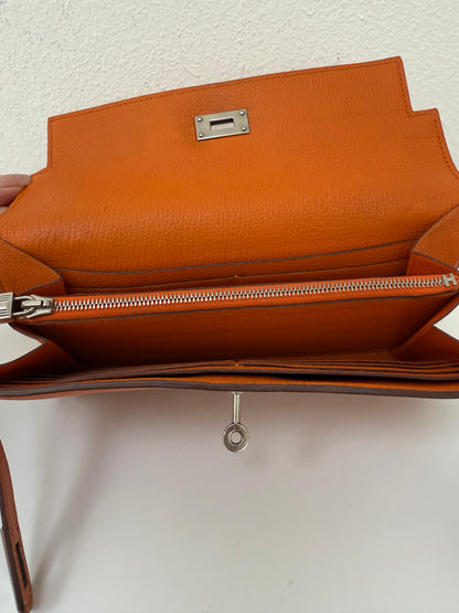 Authentic Hermes Orange Kelly Longue Wallet with Palladium HW