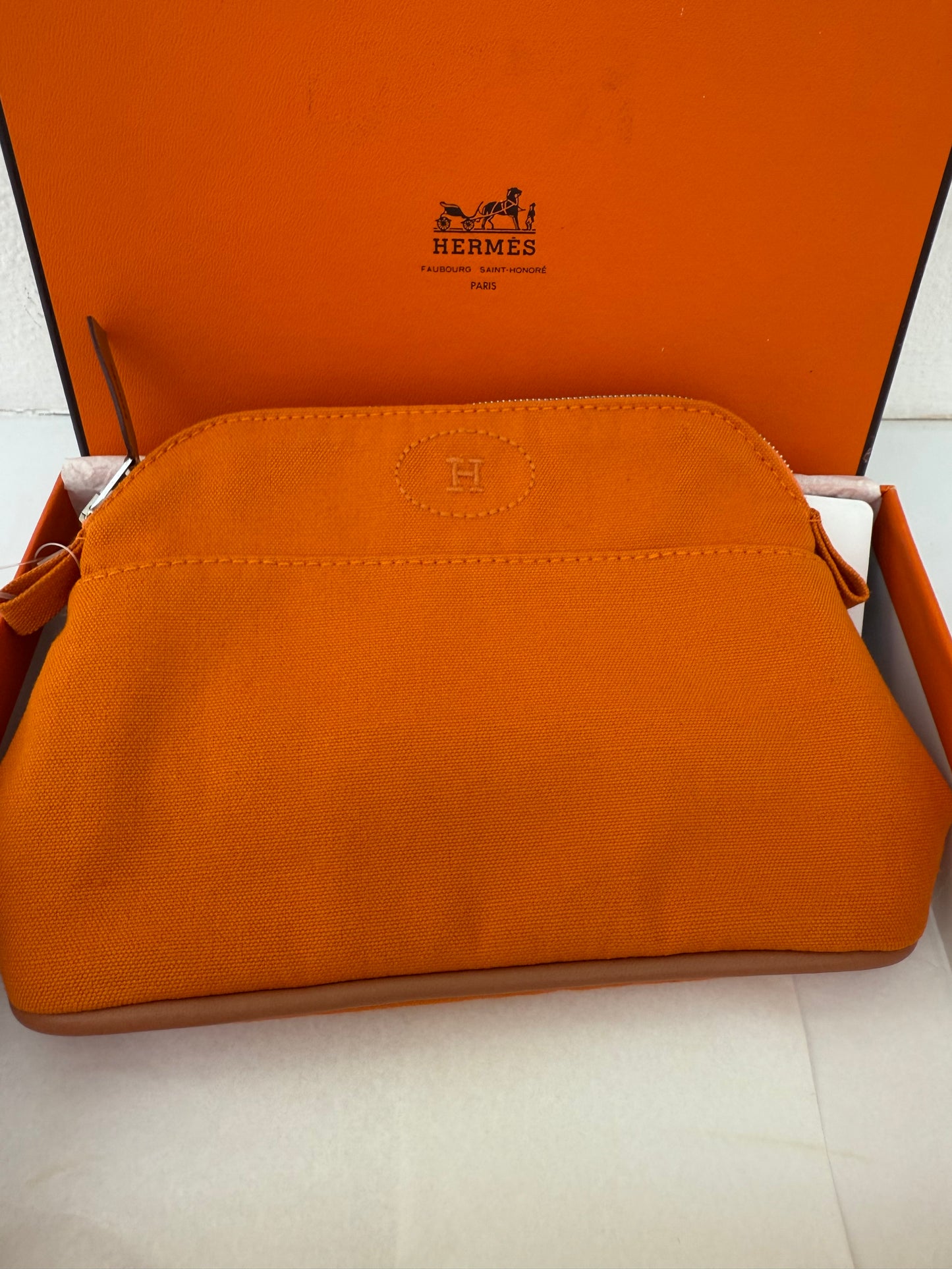 Hermès Bolide Orange Cotton Leather Pouch 20 with Silver Hardware