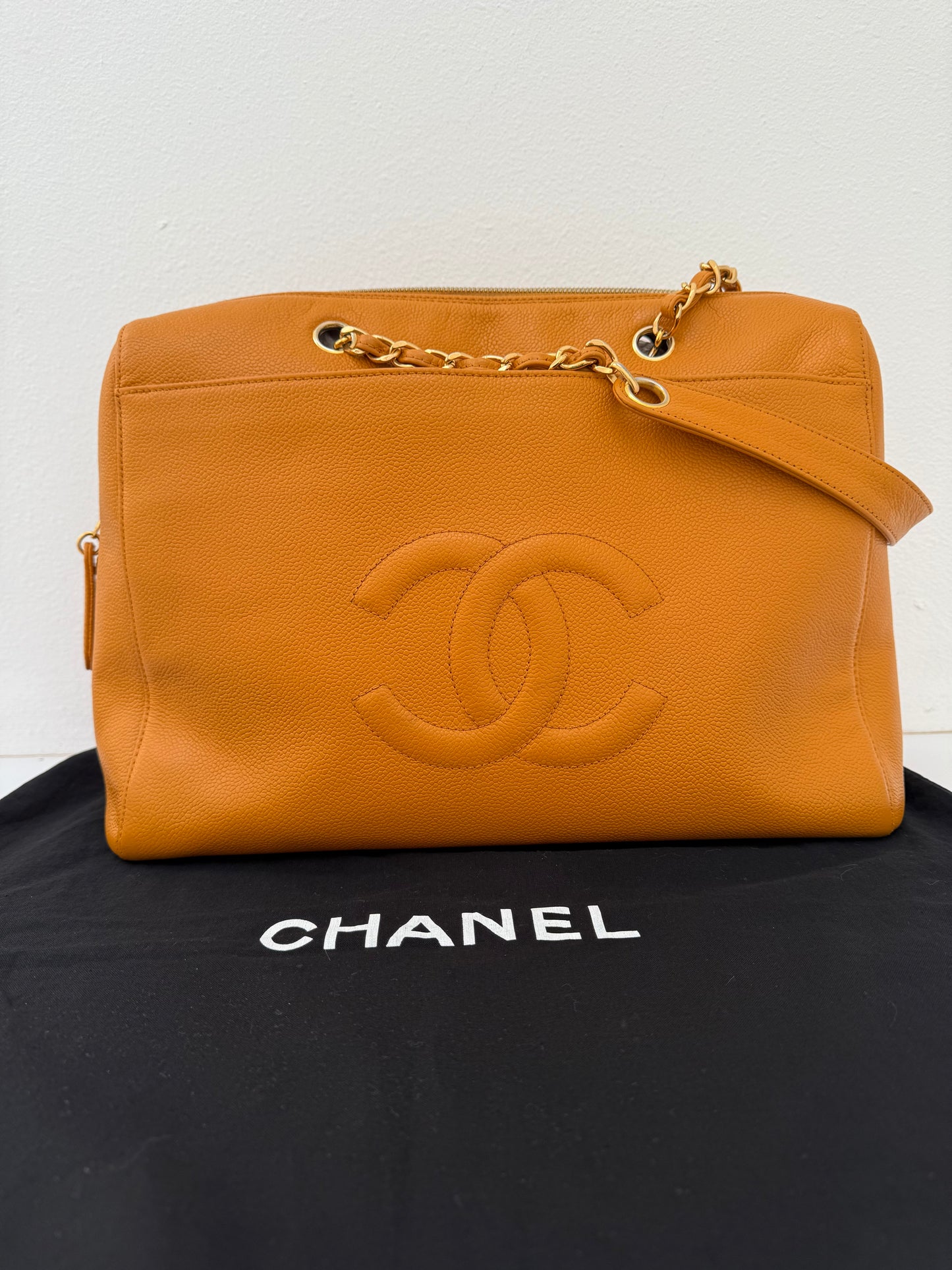 Authentic Chanel Orange Timeless Vintage Caviar Dome Zip Tote Shoulder Bag