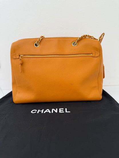 Authentic Chanel Orange Timeless Vintage Caviar Dome Zip Tote Shoulder Bag
