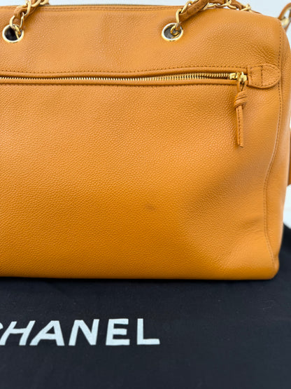 Authentic Chanel Orange Timeless Vintage Caviar Dome Zip Tote Shoulder Bag