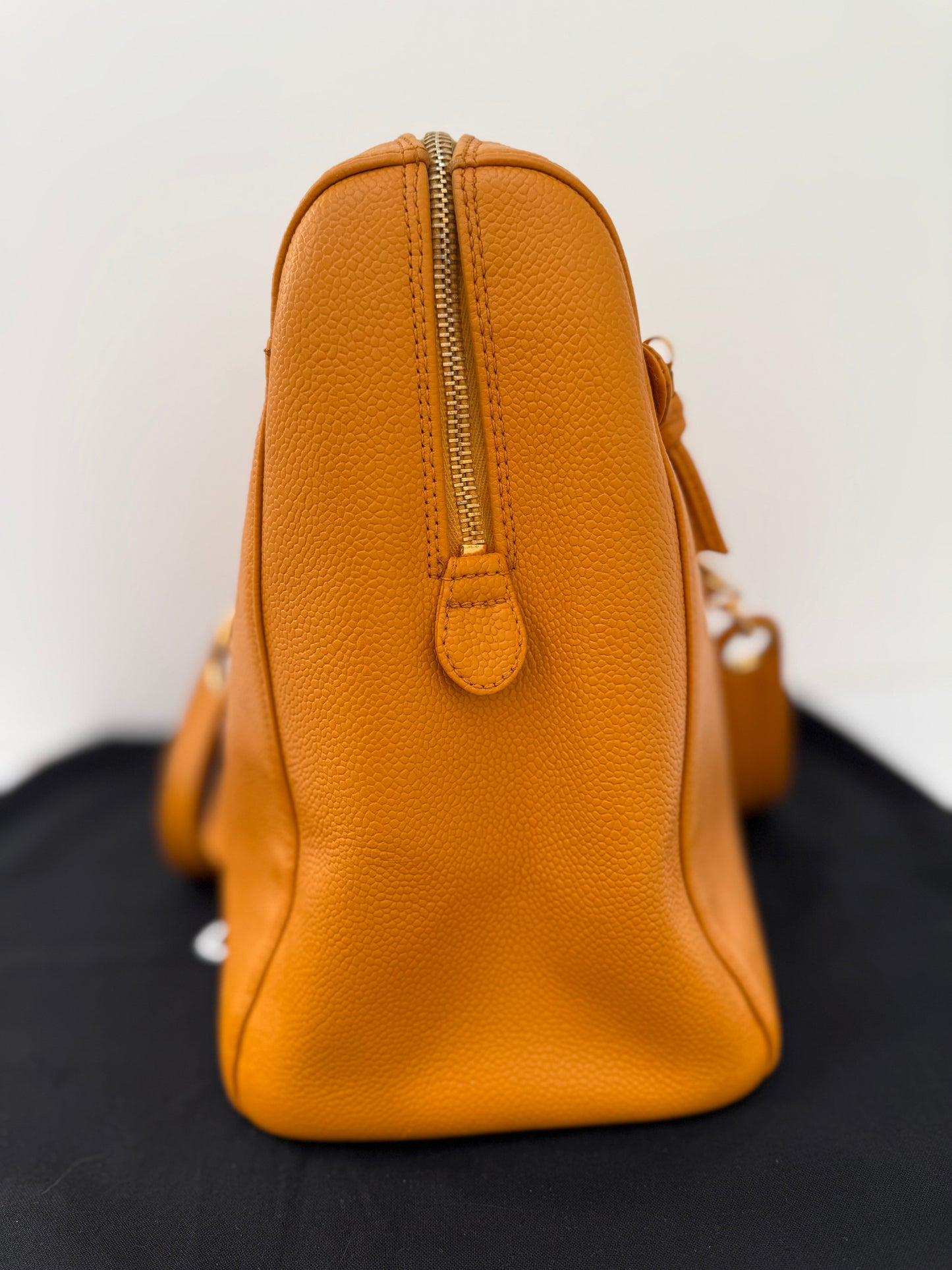 Authentic Chanel Orange Timeless Vintage Caviar Dome Zip Tote Shoulder Bag