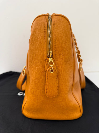 Authentic Chanel Orange Timeless Vintage Caviar Dome Zip Tote Shoulder Bag