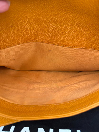 Authentic Chanel Orange Timeless Vintage Caviar Dome Zip Tote Shoulder Bag