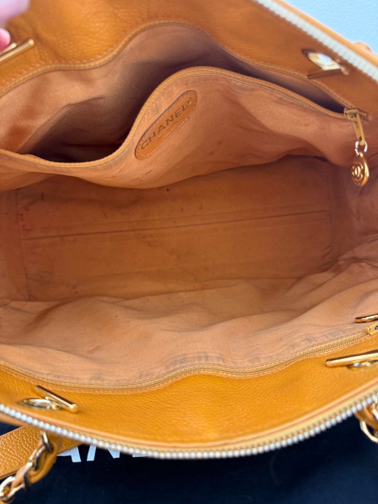 Authentic Chanel Orange Timeless Vintage Caviar Dome Zip Tote Shoulder Bag