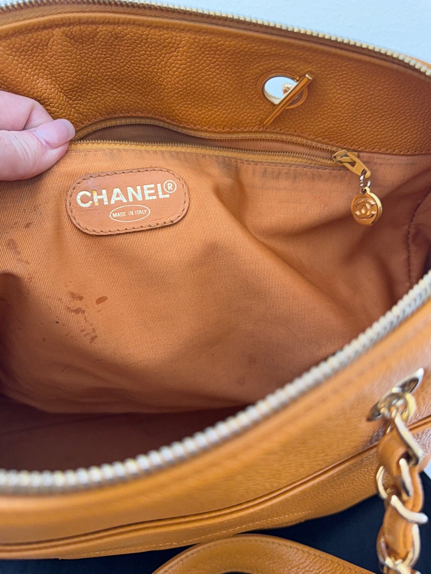 Authentic Chanel Orange Timeless Vintage Caviar Dome Zip Tote Shoulder Bag