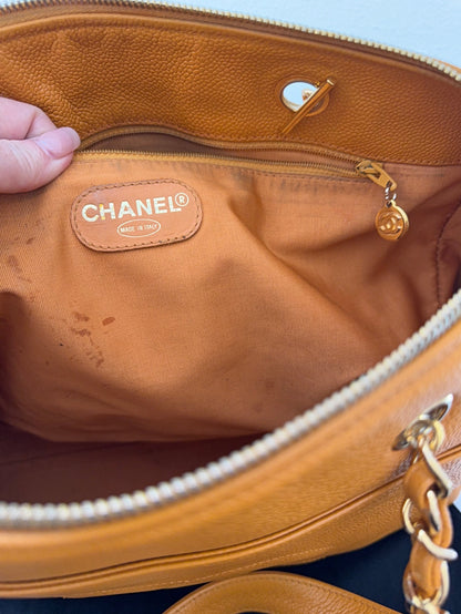 Authentic Chanel Orange Timeless Vintage Caviar Dome Zip Tote Shoulder Bag