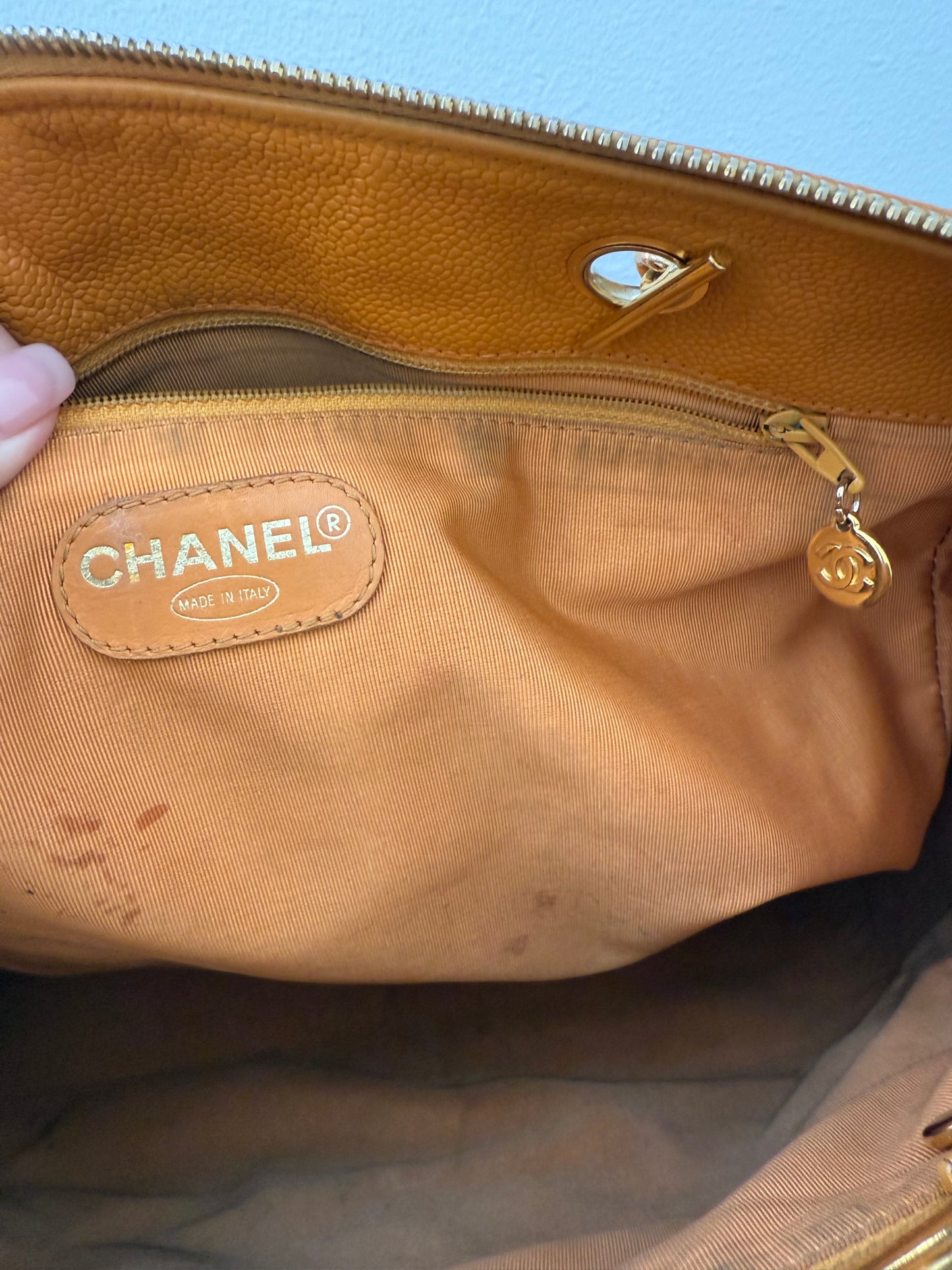 Authentic Chanel Orange Timeless Vintage Caviar Dome Zip Tote Shoulder Bag