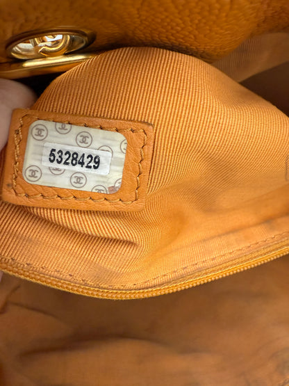 Authentic Chanel Orange Timeless Vintage Caviar Dome Zip Tote Shoulder Bag