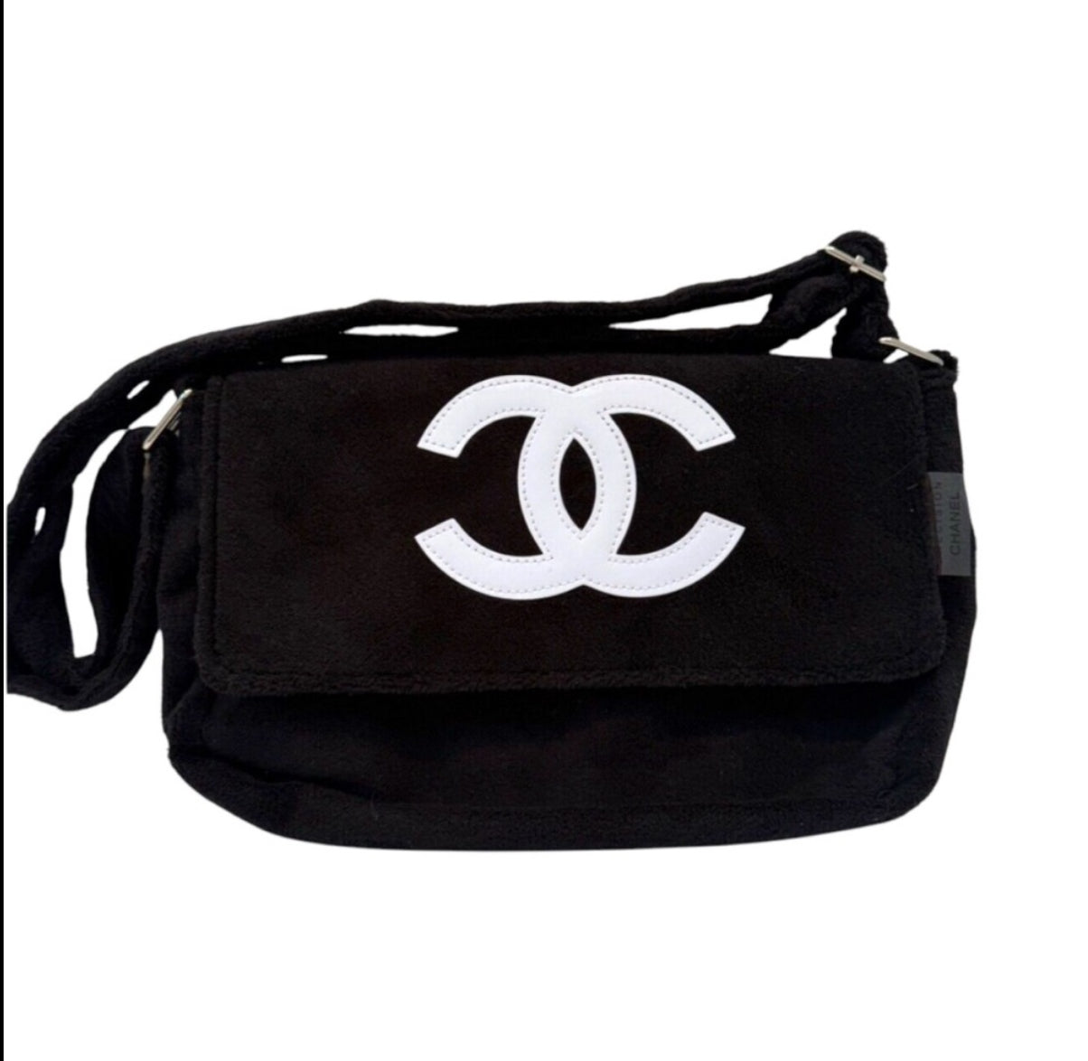 Black Chanel White Coco Mark Pile Crossbody Shoulder Bag Soft Handbag