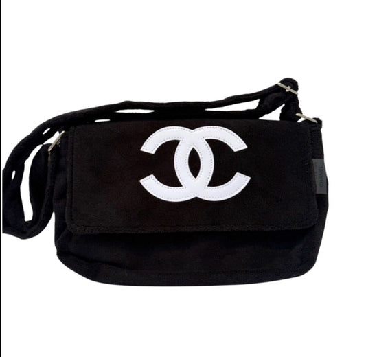 Black Chanel White Coco Mark Pile Crossbody Shoulder Bag Soft Handbag