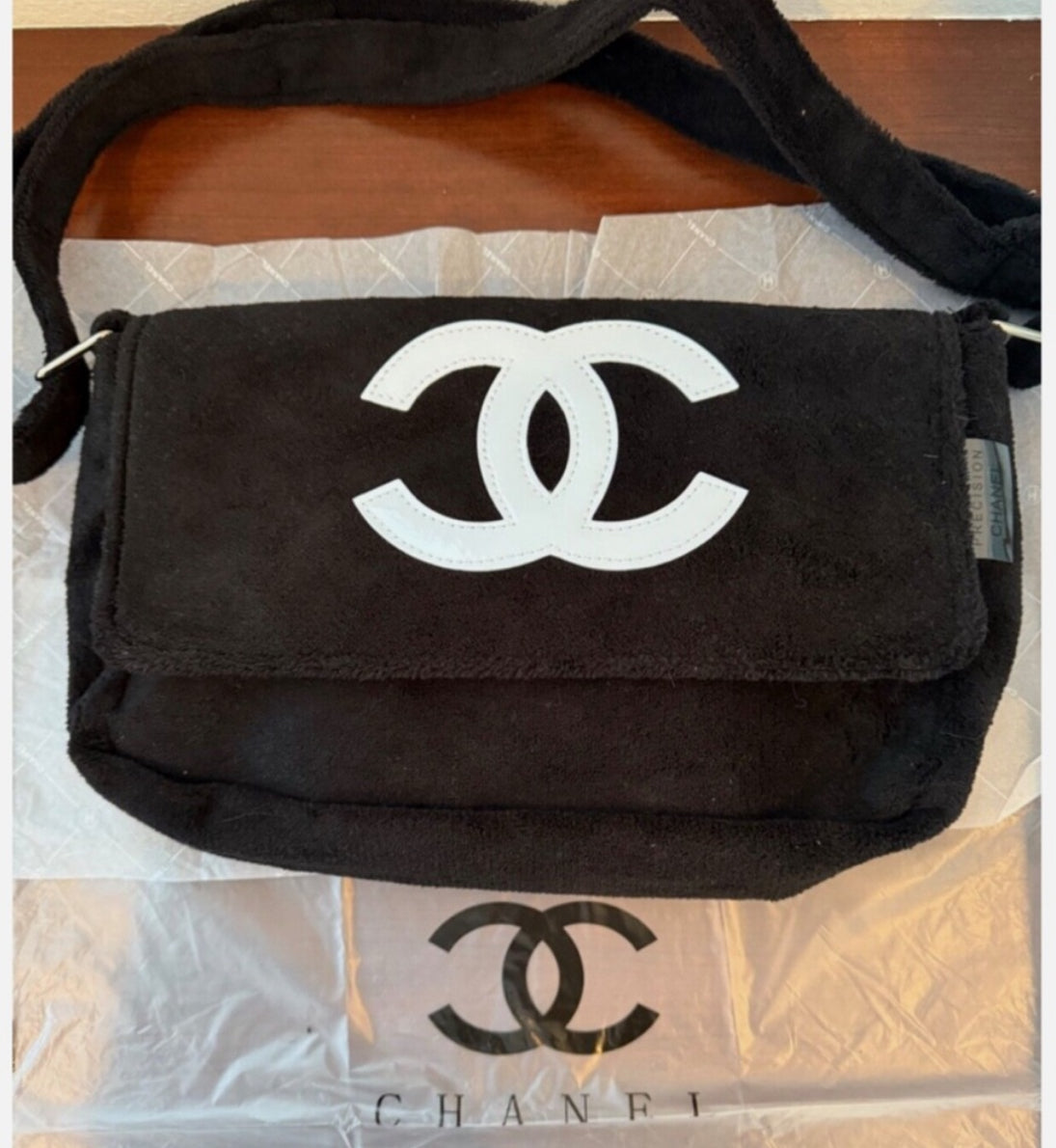 Black Chanel White Coco Mark Pile Crossbody Shoulder Bag Soft Handbag