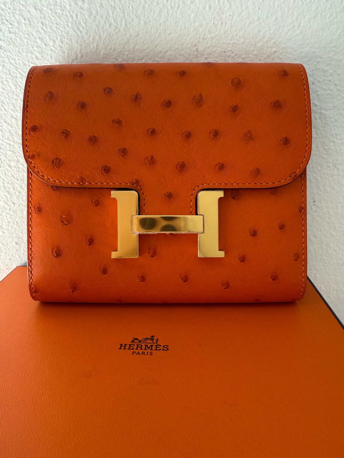 NEW RARE HERMES Constance Short Wallet Clutch in Orange Ostrich with Palladium HW& Leather Strap