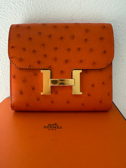 NEW RARE HERMES Constance Short Wallet Clutch in Orange Ostrich with Palladium HW& Leather Strap
