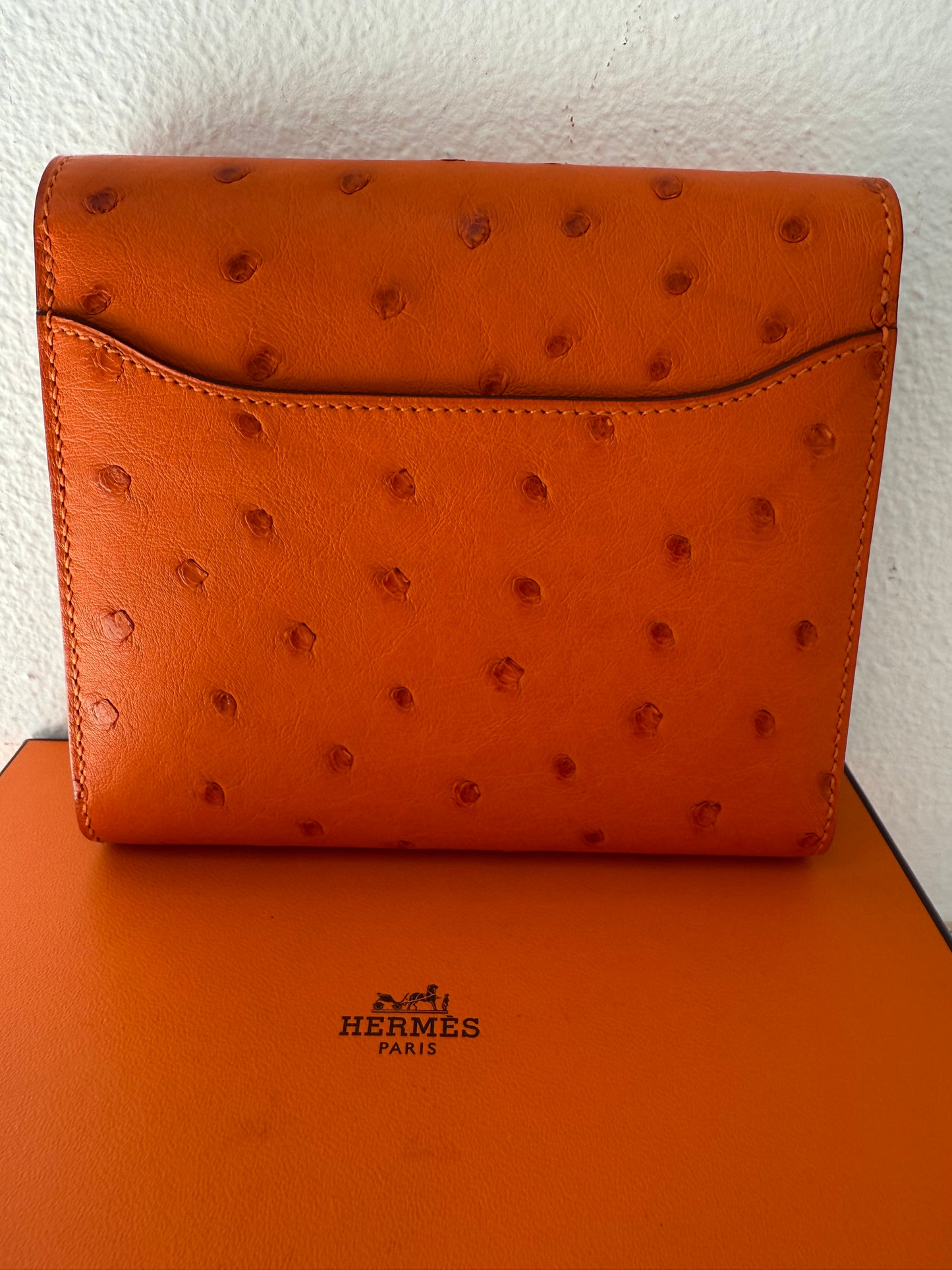 NEW RARE HERMES Constance Short Wallet Clutch in Orange Ostrich with Palladium HW& Leather Strap