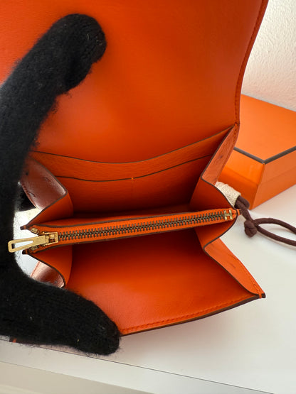 NEW RARE HERMES Constance Short Wallet Clutch in Orange Ostrich with Palladium HW& Leather Strap