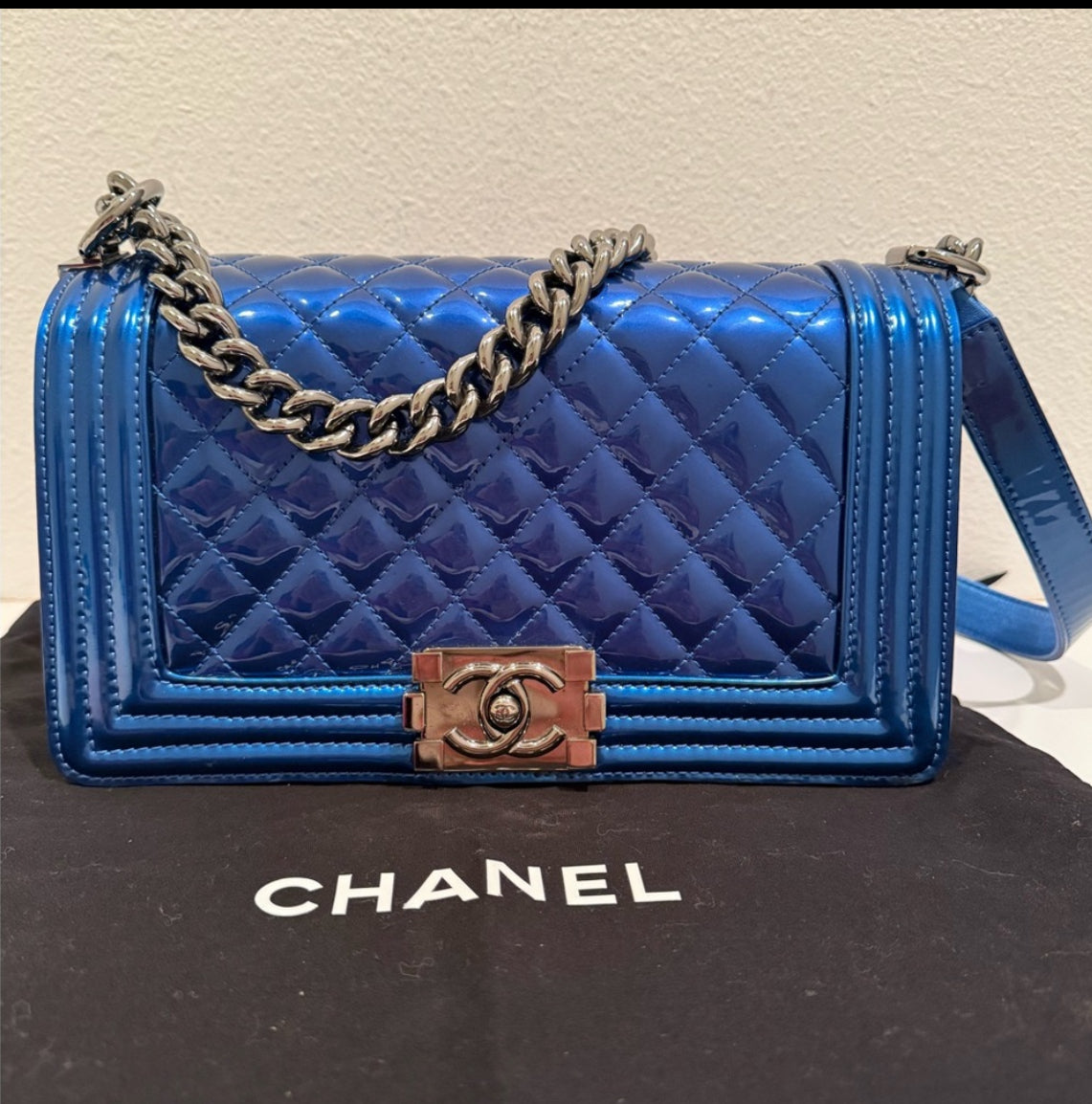 CHANEL Metallic Royal Blue Quilted Medium Boy Flap Bag