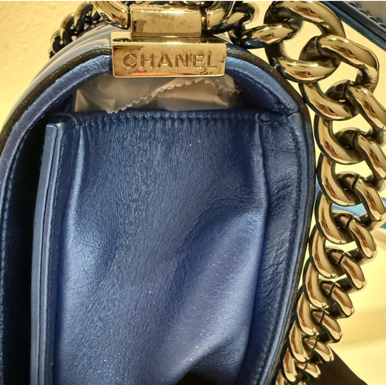CHANEL Metallic Royal Blue Quilted Medium Boy Flap Bag