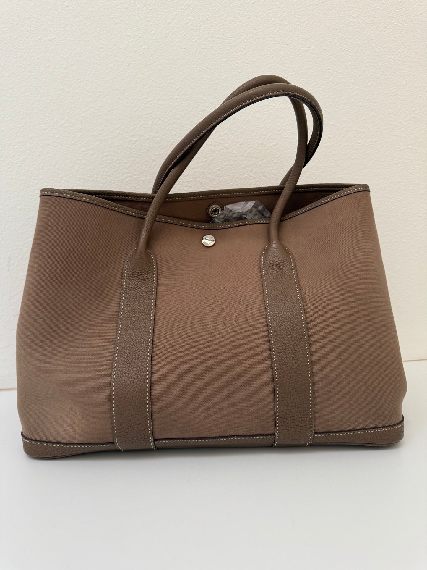 Hermes Garden Party 36 PM Toile Etoupe Leather Palladium Tote Bag