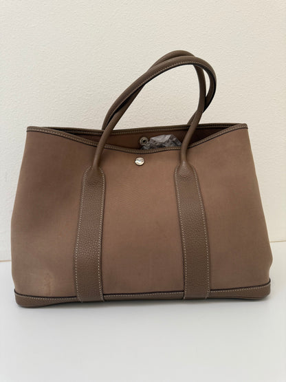 Hermes Garden Party 36 PM Toile Etoupe Leather Palladium Tote Bag