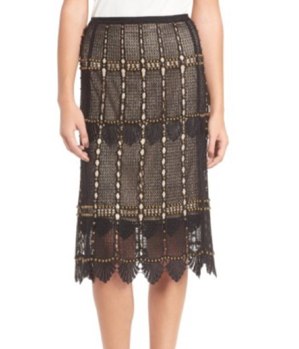 New Kobi Halperin Black with Gold Studded Scalloped Skirt Sz 6